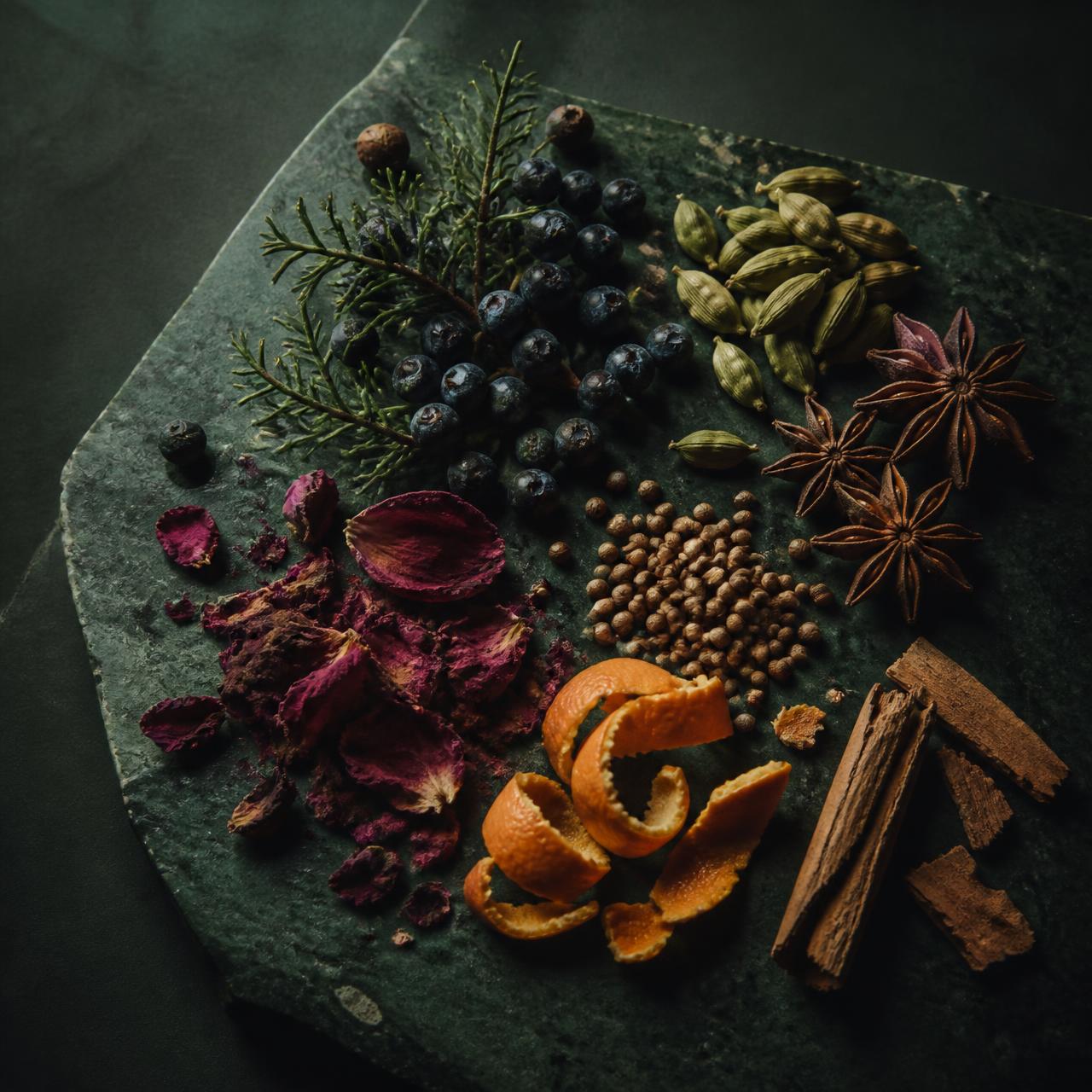 Botanicals — juniper, cardamom, star anise, coriander, orange peel, cinnamon