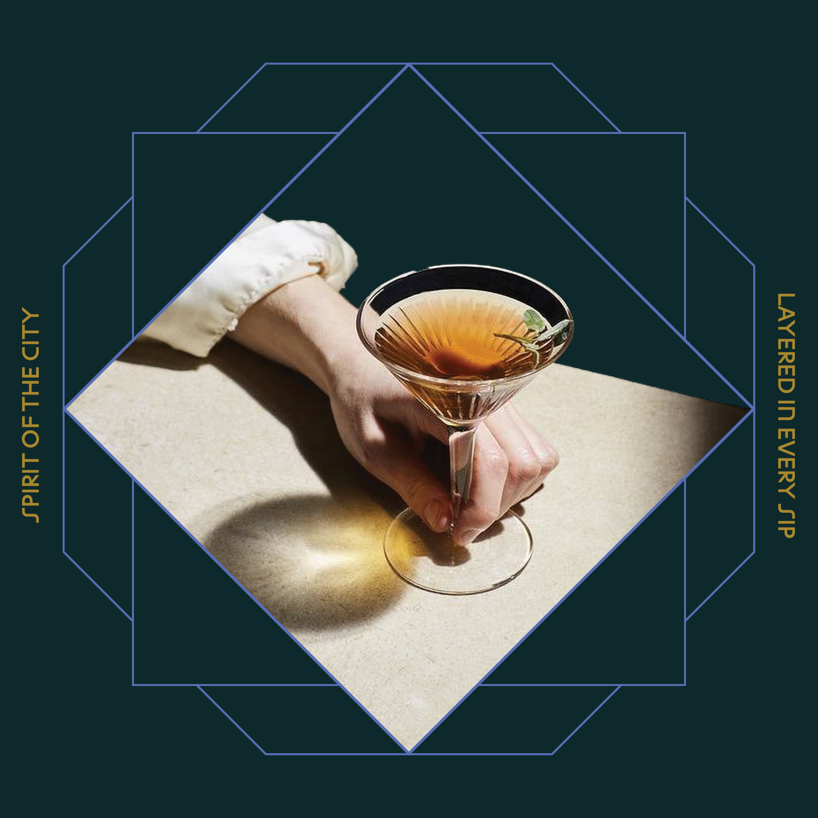 Charminar serve — a martini coupe centred in the brand's octagonal diamond frame
